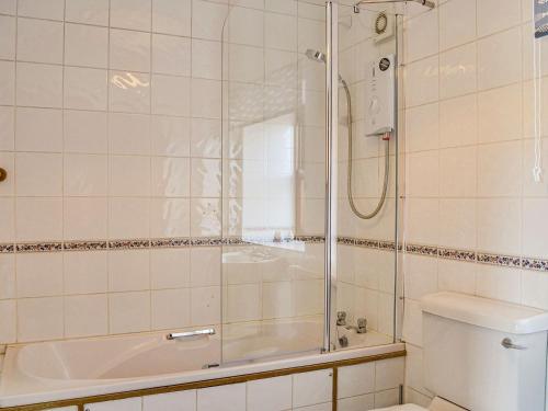 a bathroom with a shower and a tub and a toilet at Low Moat in Canonbie