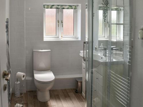 Baño blanco con aseo y lavamanos en Hawks Mill Cottage, en Needham Market