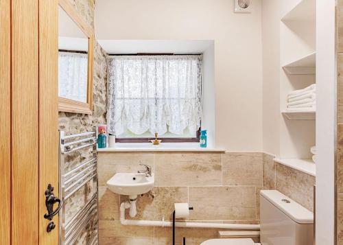 baño con lavabo y aseo y ventana en Sgubor Fach en Pen-y-bont-fawr