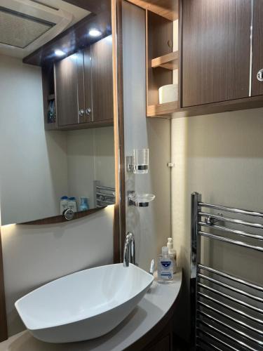 a bathroom with a white sink and wooden cabinets at Self Contained Holiday Home Caravan in Corsham