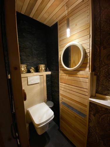 een kleine badkamer met een toilet en een spiegel bij House in Eislek, North Luxembourg, dating from 1890, newly renovated 