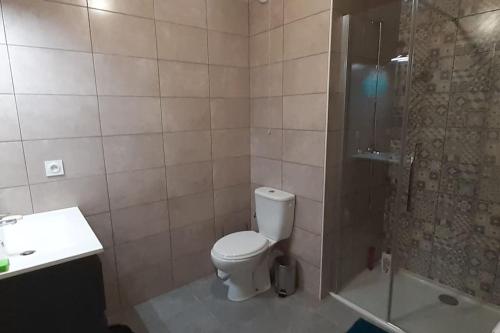 y baño con aseo, ducha y lavamanos. en Appartement sur Valberg dans résidence neuve proche centre, en Valberg