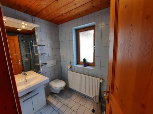 La salle de bains est pourvue d'un lavabo, de toilettes et d'une fenêtre. dans l'établissement Ferienwohnung Drexel, à Steeg