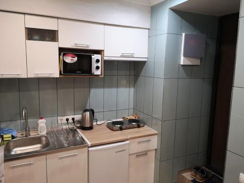 eine kleine Küche mit einer Spüle und einer Mikrowelle in der Unterkunft Freedom apartment on Bazarna str in Lwiw