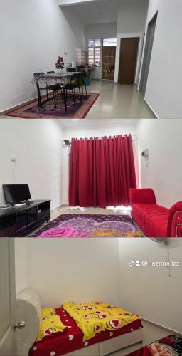 Sala de estar con cortina roja y mesa en Izz Homestay Bachok, en Bachok