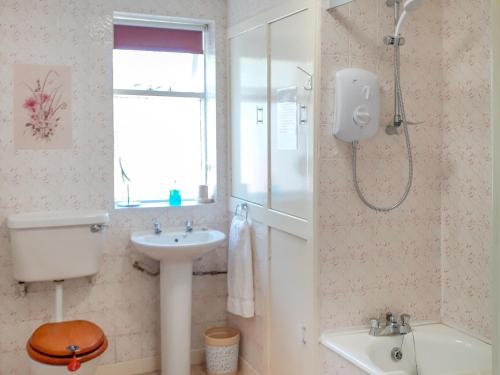 a bathroom with a sink and a toilet and a shower at Ivy Cottage in Mountblairy