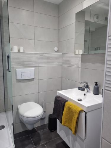 een badkamer met een wit toilet en een wastafel bij Chez peggy in Metz