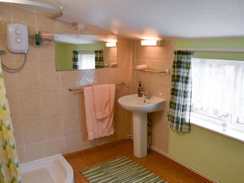 a bathroom with a sink and a toilet and a mirror at Glen Cottage in Yaxham