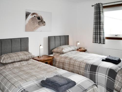 1 dormitorio con 2 camas y una foto de gato en la pared en Auldfield en Lhanbryd