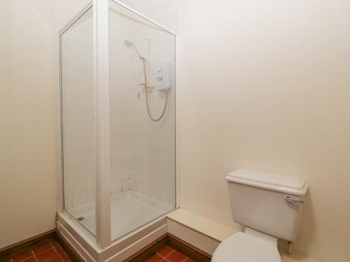 a bathroom with a shower and a toilet at Cinder Cottage in Worcester