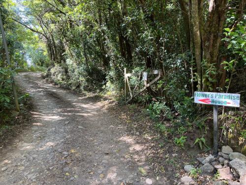 a dirt road with a sign next to a forest at Flower’s Paradise Monteverde in Monteverde Costa Rica