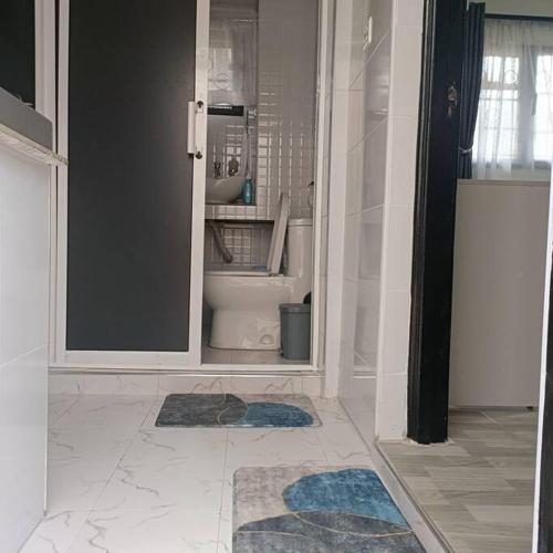 łazienka z toaletą i 2 dywanami na podłodze w obiekcie Sharz place w mieście Nairobi