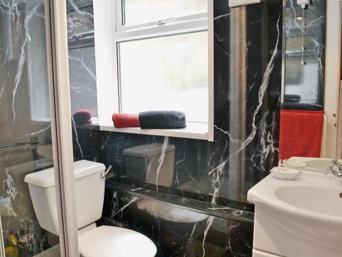 a bathroom with a toilet and a window and a sink at The Cottage in Fairlight