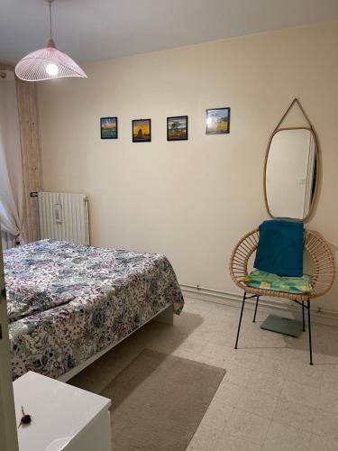 ein Schlafzimmer mit einem Bett, einem Spiegel und einem Stuhl in der Unterkunft Appartement Cap Vern Les Bains in Capvern