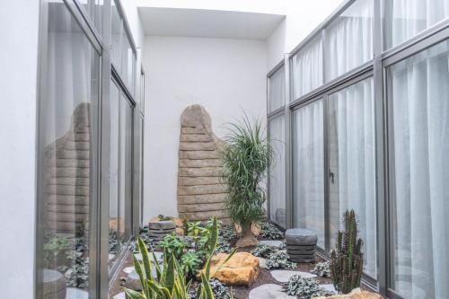 a courtyard with plants in a building with windows at Cádiz Bahía by QHotels in Cádiz