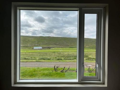 a window with a view of a field of grass at Óspaksstaðir- New Renovated Farm in Hrútafjörður in Staður