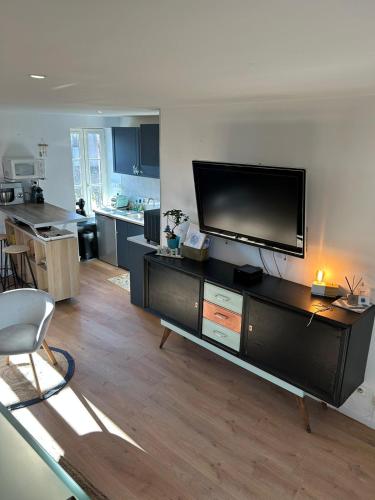 un salon avec une télévision à écran plat au mur dans l'établissement Charmant appartement 4 pers au centre des remparts, à Guérande