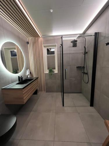 een badkamer met een douche, een wastafel en een spiegel bij Olderfjord Lodge in Russenes