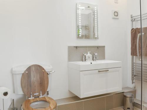 a bathroom with a wooden toilet and a sink at The Hop Cottage in Ashperton