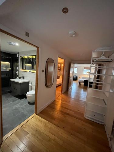 a bathroom with a toilet and a sink and a mirror at NE1 Luxury City Centre Apartment in Newcastle upon Tyne