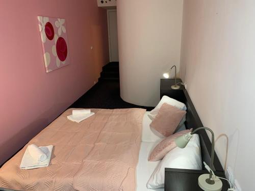 a bedroom with a bed and a pink wall at Penzion a Restaurace 14 in Hostinné
