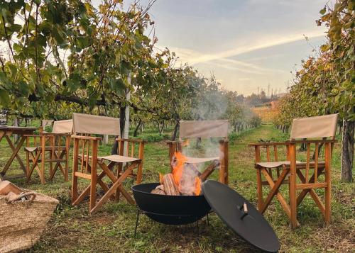 a fire pit with chairs and a grill at Vinha by NHôme in Ponte de Lima