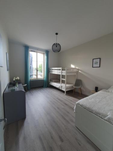 sypialnia z łóżkiem i łóżkiem piętrowym w obiekcie Appartement au cœur du village d'Aufferville w mieście Aufferville