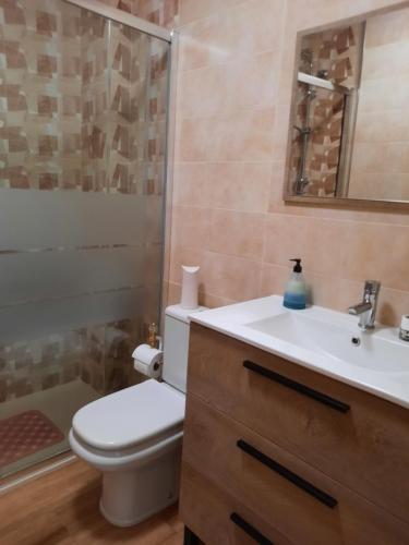 a bathroom with a toilet and a sink and a shower at Chalet luminoso in L’Alfàs del Pi