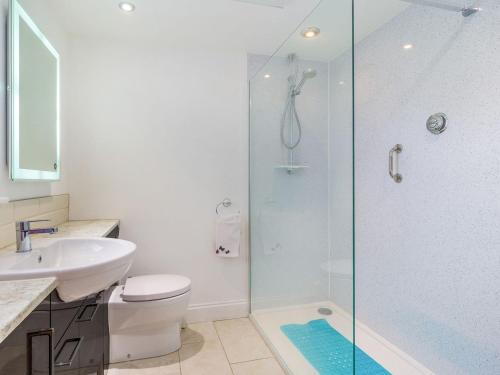 a bathroom with a shower and a toilet and a sink at Garden Cottage in Burgh