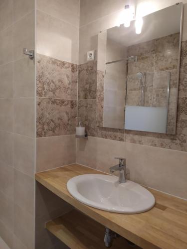 een badkamer met een wastafel en een spiegel bij La Rapiette de Noblat in Saint-Léonard-de-Noblat