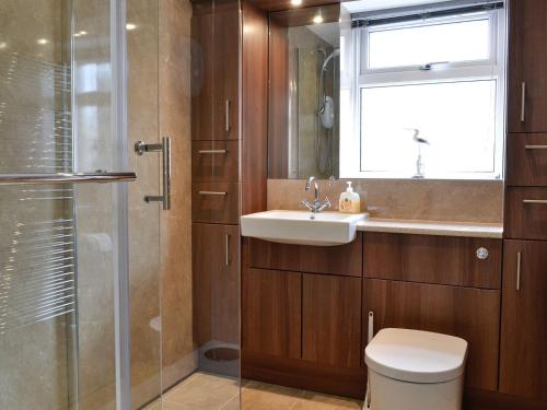 a bathroom with a toilet and a sink and a shower at Cotton Shore in Inverallochy