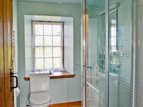 baño con aseo y ducha y ventana en The Cottage, en Ankerville