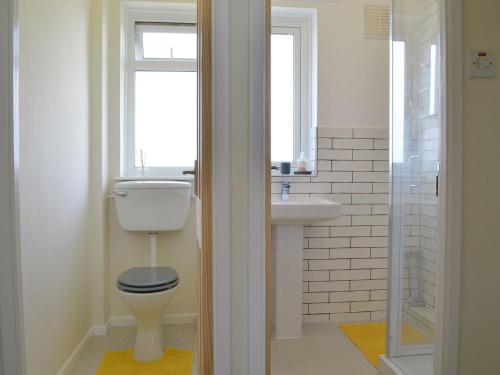 a bathroom with a toilet and a sink and a window at Valley View in Morwenstow