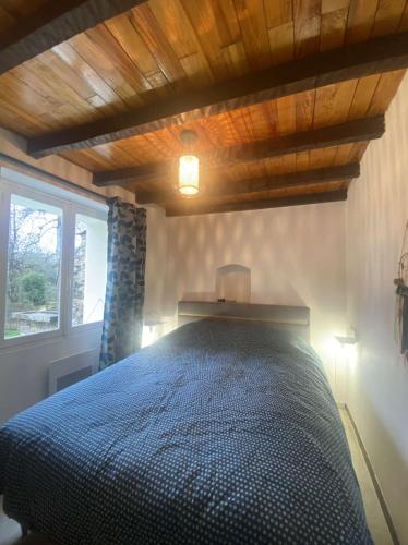 - une chambre avec un lit bleu et un plafond en bois dans l'établissement Maison de campagne, à Paulinet