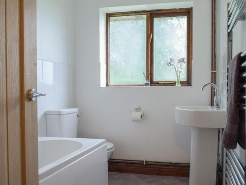 een badkamer met een wastafel, een toilet en een raam bij Coed Tir in Gladestry