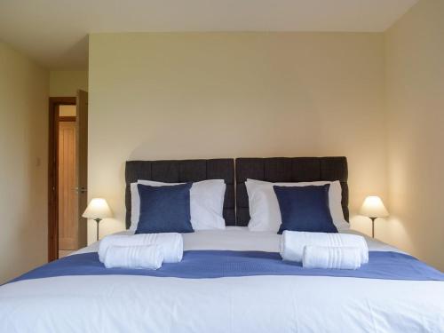 a bedroom with a large bed with blue and white pillows at Coed Tir in Gladestry