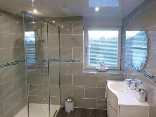 a bathroom with a shower and a sink at Rock Villas in Silverdale