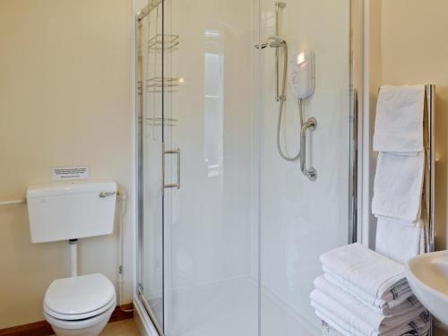 y baño con ducha, aseo y lavamanos. en Jasmine Cottage - W41461, en Sturminster Newton