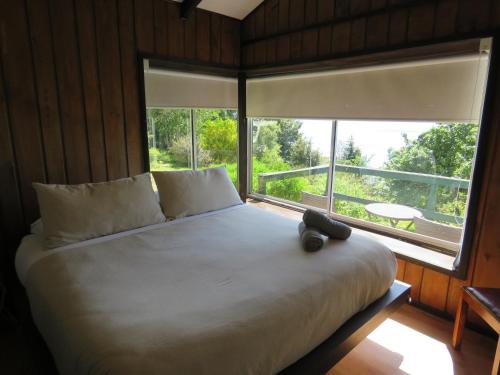 a bedroom with a large bed with a large window at Bocalago in Puerto Nuevo