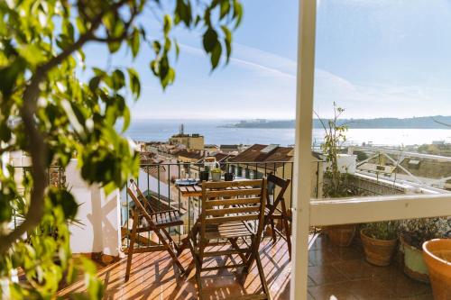 a balcony with chairs and a view of the ocean at Olympo Shared flat with Amazing River view in Lisbon