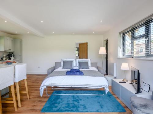 sypialnia z dużym łóżkiem i niebieskim dywanem w obiekcie Willow Cottage w mieście Stonham Aspall
