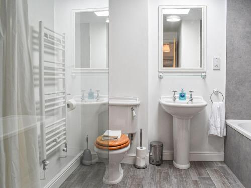 a white bathroom with a toilet and a sink at The Dairy At Brook House Farm-uk40631 in Church Minshull