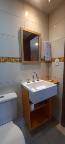 ein Badezimmer mit einem Waschbecken, einem WC und einem Spiegel in der Unterkunft Recanto dos Machados in Saudades