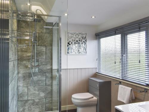 a bathroom with a toilet and a glass shower at Alderley House in Bourton on the Water