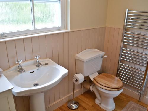 a bathroom with a toilet and a sink and a window at Penny Cottage - Tof in Par