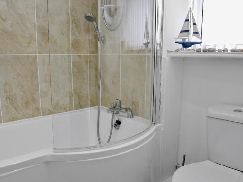 a bathroom with a bath tub with a shower at Bryn Meurig in Abererch