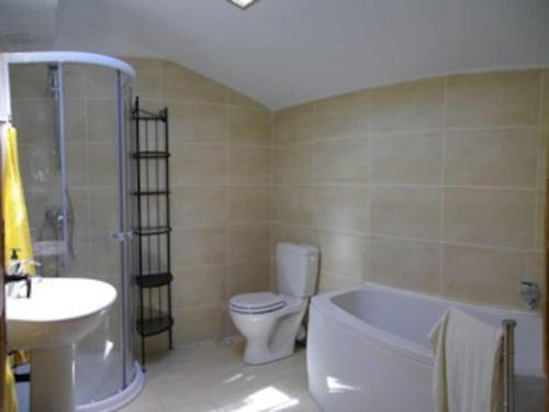 une salle de bain avec une baignoire, des toilettes et un lavabo dans l'établissement La Pinede, à Bellegarde-du-Razès
