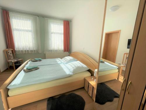 a bedroom with a bed and a mirror at Hotel Zur Henne in Schmiedefeld am Rennsteig