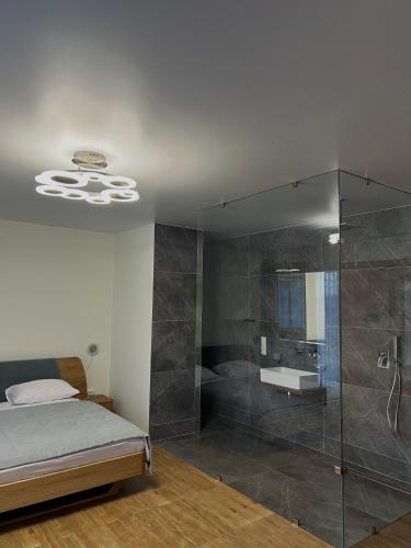 a bedroom with a shower and a bed and a sink at Едем in Brzezhany