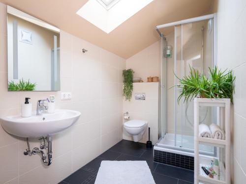 a bathroom with a sink and a shower and a toilet at Dolomitenloft in Strassen